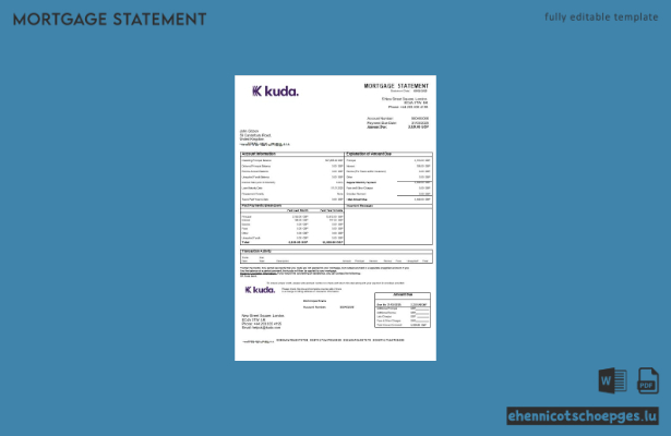 Kuda Bank Hypothekenabrechnung (Vereinigtes Königreich) in Word- und PDF-Formaten – Beispielvorschau